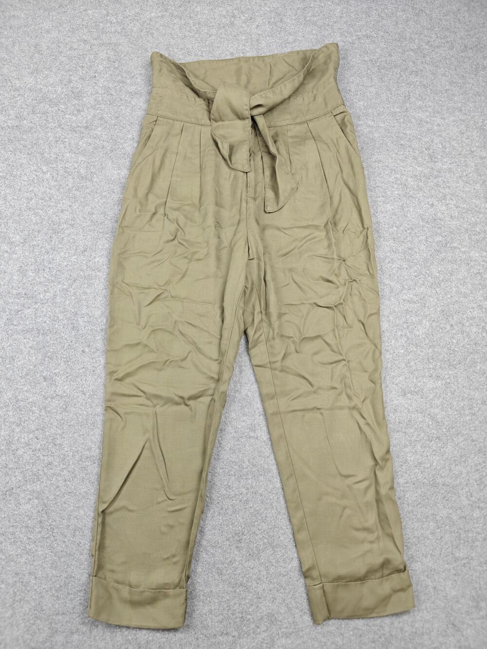 Cartonnier Pants Womens 8 Green Paperbag Pleated Tapered Belted Cuffed Twill